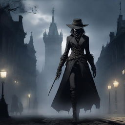 A detailed illustration of a female hunter from Bloodborne