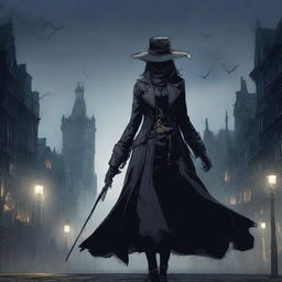 A detailed illustration of a female hunter from Bloodborne