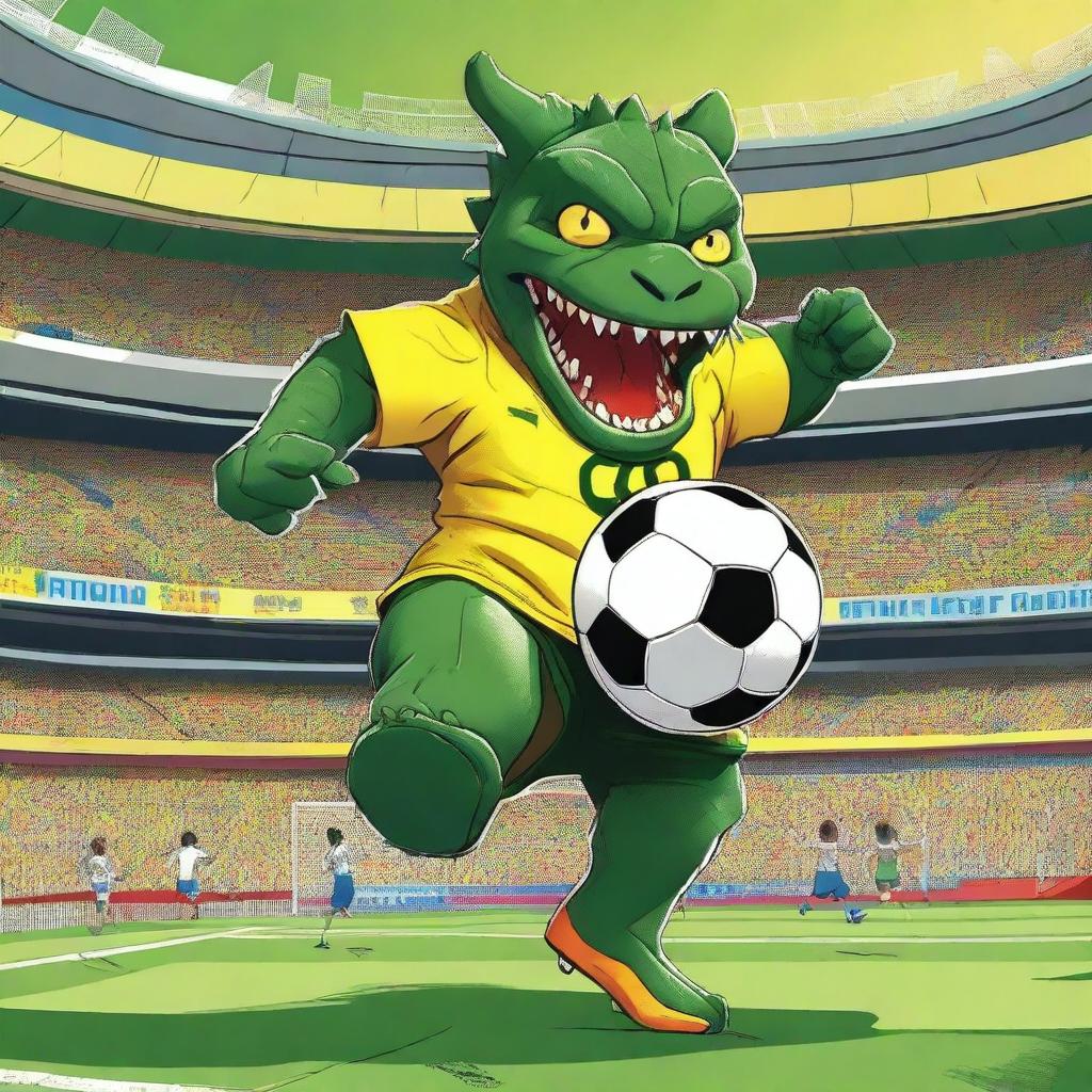 A massive Brazilian Kaiju playing soccer in a vibrant stadium