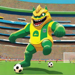 A massive Brazilian Kaiju playing soccer in a vibrant stadium