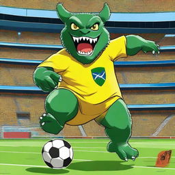 A massive Brazilian Kaiju playing soccer in a vibrant stadium