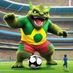 A massive Brazilian Kaiju playing soccer in a vibrant stadium