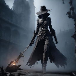 A fierce female hunter from Bloodborne, dressed in dark gothic attire, battles a grotesque and menacing monster