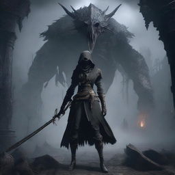 A fierce female hunter from Bloodborne, dressed in dark gothic attire, battles a grotesque and menacing monster