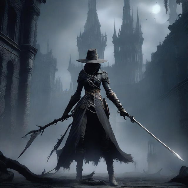 A fierce female hunter from Bloodborne, dressed in dark gothic attire, battles a grotesque and menacing monster