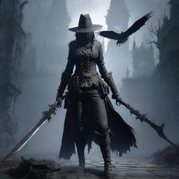 A fierce female hunter from Bloodborne, dressed in dark gothic attire, battles a grotesque and menacing monster