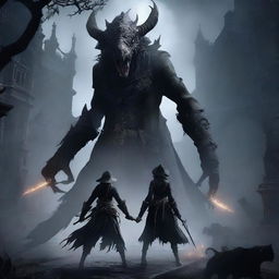 A fierce female hunter from Bloodborne, dressed in dark gothic attire, fighting a fearsome beast in an epic battle