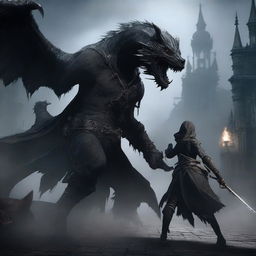 A fierce female hunter from Bloodborne, dressed in dark gothic attire, fighting a fearsome beast in an epic battle