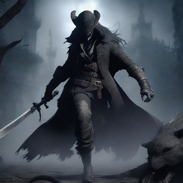 A fierce female hunter from Bloodborne, dressed in dark gothic attire, fighting a fearsome beast in an epic battle