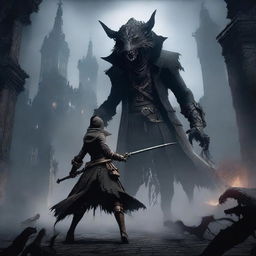 A fierce female hunter from Bloodborne, dressed in dark gothic attire, fighting a fearsome beast in an epic battle