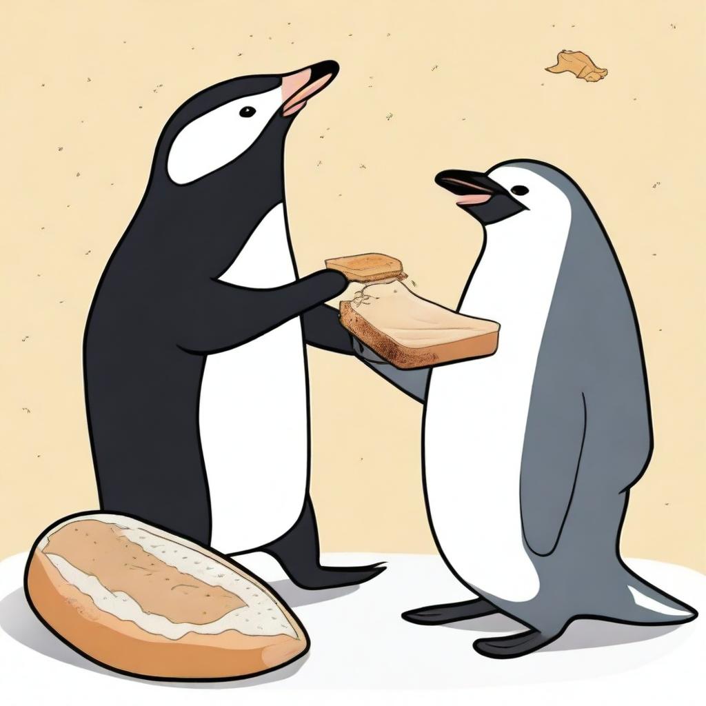 A humorous scene of a penguin fighting with a steroid-enhanced otter over a loaf of bread