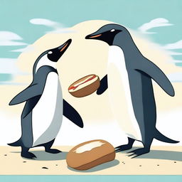 A humorous scene of a penguin fighting with a steroid-enhanced otter over a loaf of bread