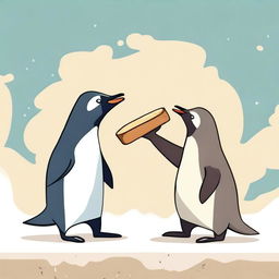 A humorous scene of a penguin fighting with a steroid-enhanced otter over a loaf of bread