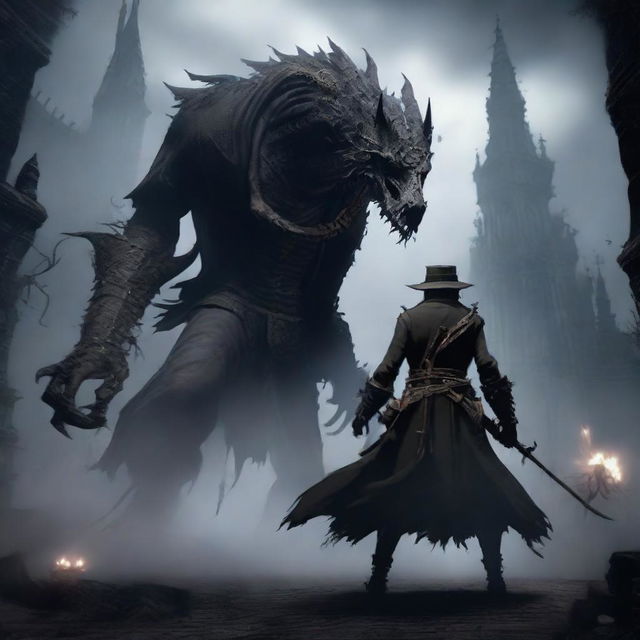 A hunter from Bloodborne, dressed in dark gothic attire, fighting a fearsome beast in an intense battle