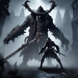 A hunter from Bloodborne, dressed in dark gothic attire, fighting a fearsome beast in an intense battle