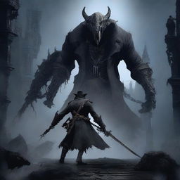 A hunter from Bloodborne, dressed in dark gothic attire, fighting a fearsome beast in an intense battle