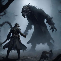 A hunter from Bloodborne, dressed in dark gothic attire, fighting a fearsome beast in an intense battle