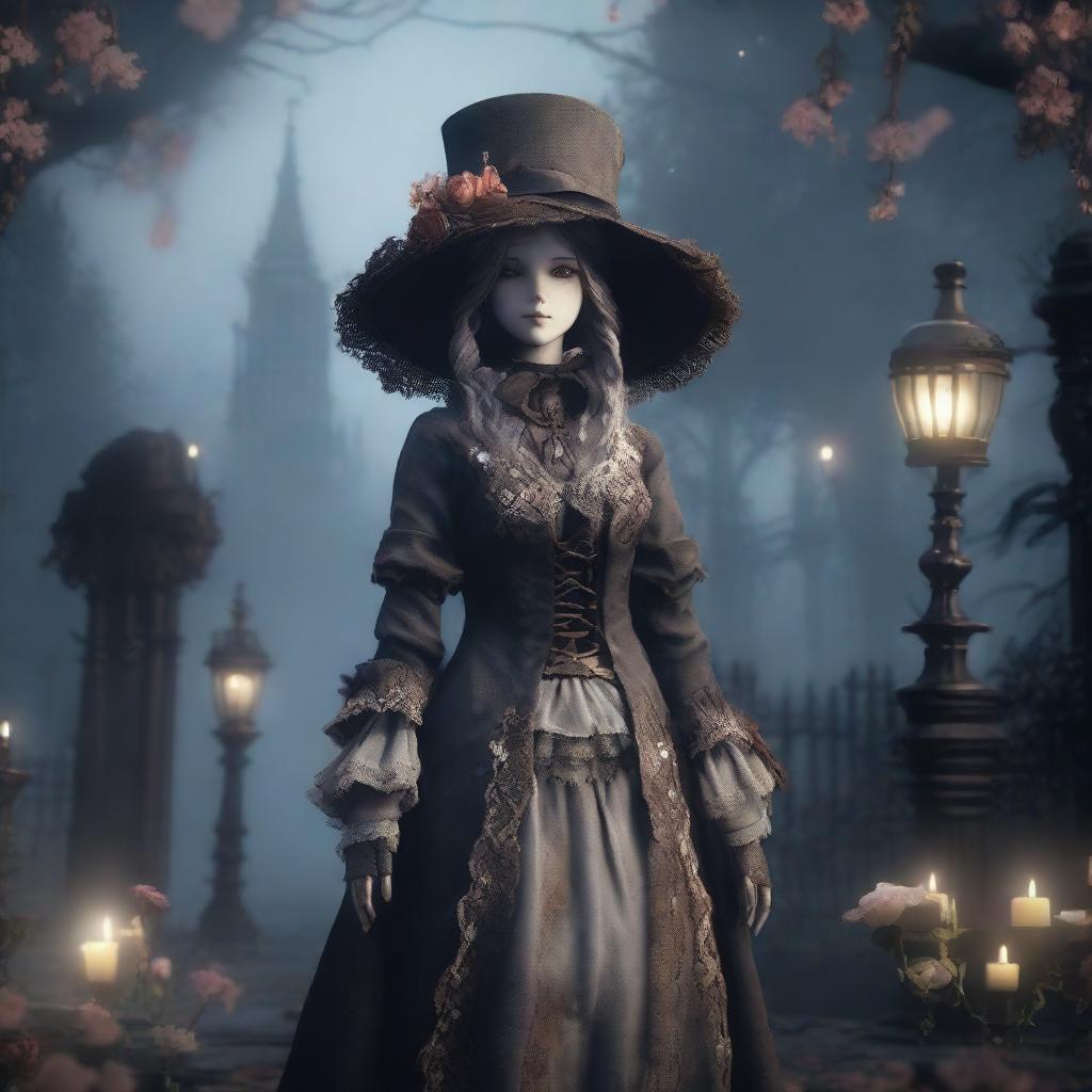 The Doll from Bloodborne standing gracefully in the Hunter's Dream