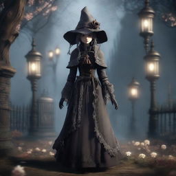 The Doll from Bloodborne standing gracefully in the Hunter's Dream