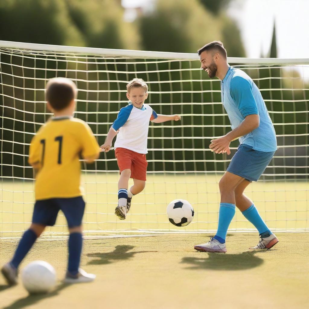 A professional football player scoring a goal against a young child during a friendly match