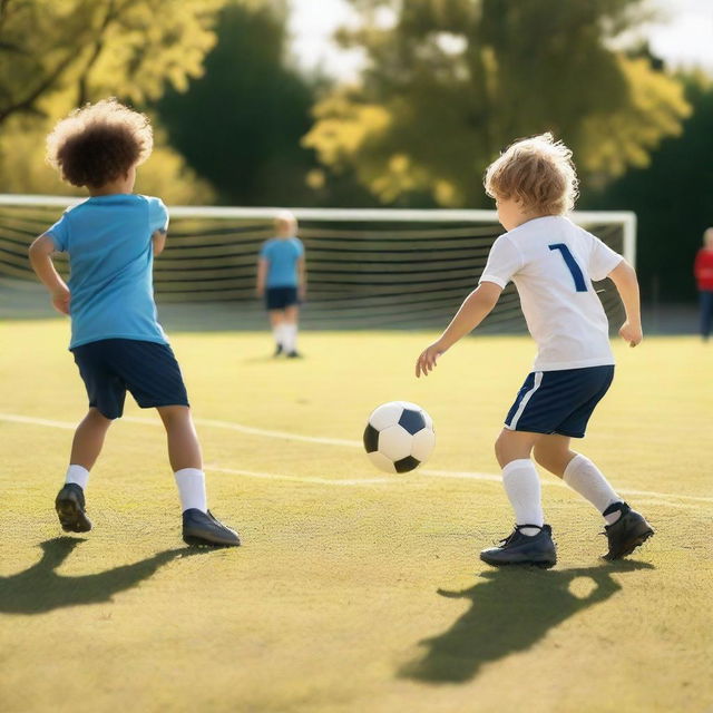 A professional football player scoring a goal against a young child during a friendly match