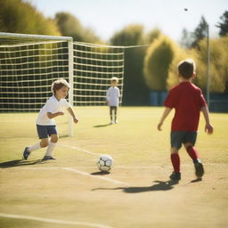 A professional football player scoring a goal against a young child during a friendly match