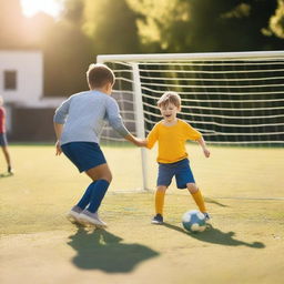 A professional football player scoring a goal against a young child during a friendly match