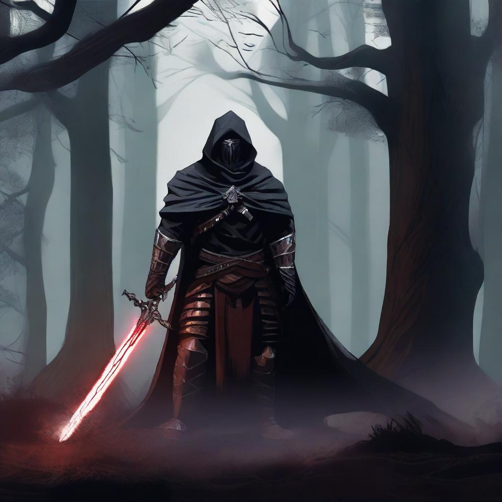 A fierce and determined blood hunter, clad in dark, rugged armor with a long flowing cape, standing in a dark forest