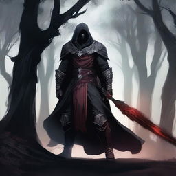 A fierce and determined blood hunter, clad in dark, rugged armor with a long flowing cape, standing in a dark forest