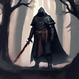 A fierce and determined blood hunter, clad in dark, rugged armor with a long flowing cape, standing in a dark forest