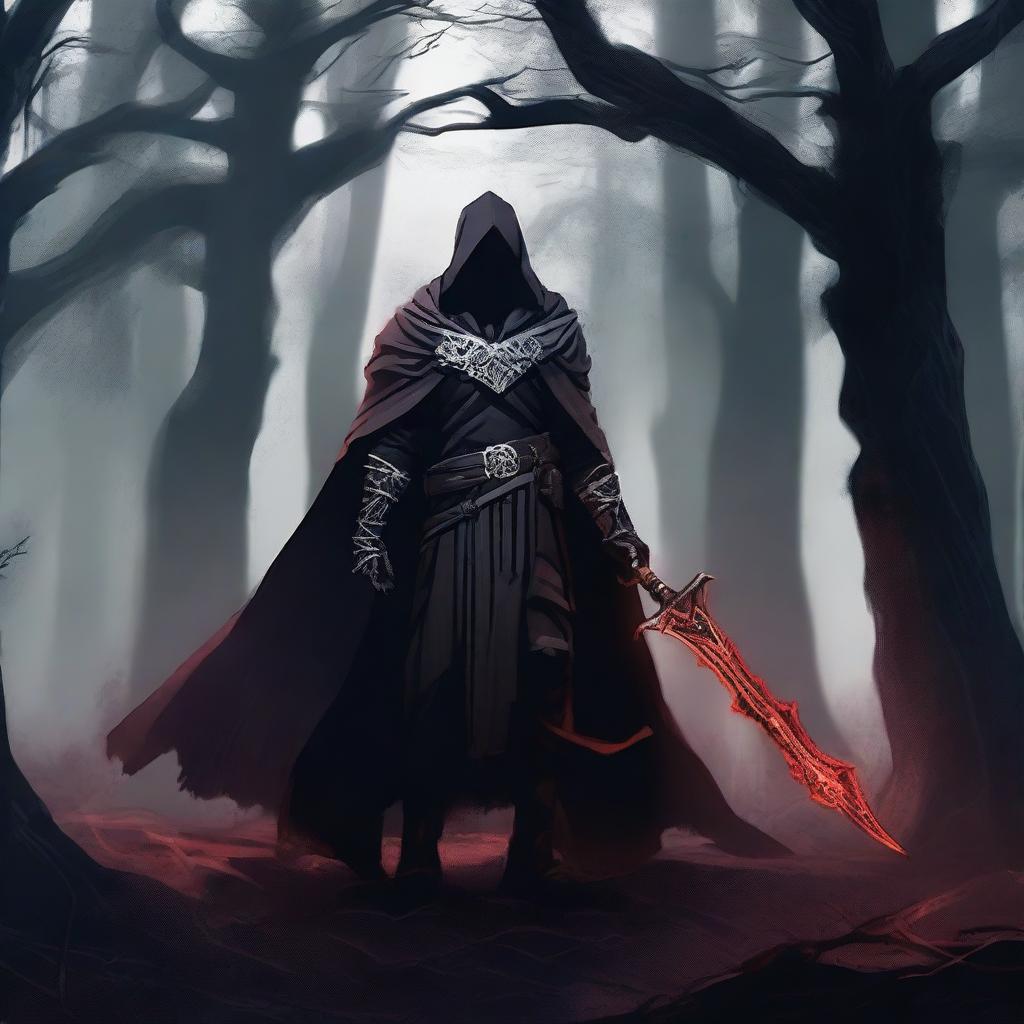 A fierce and determined blood hunter, clad in dark, rugged armor with a long flowing cape, standing in a dark forest