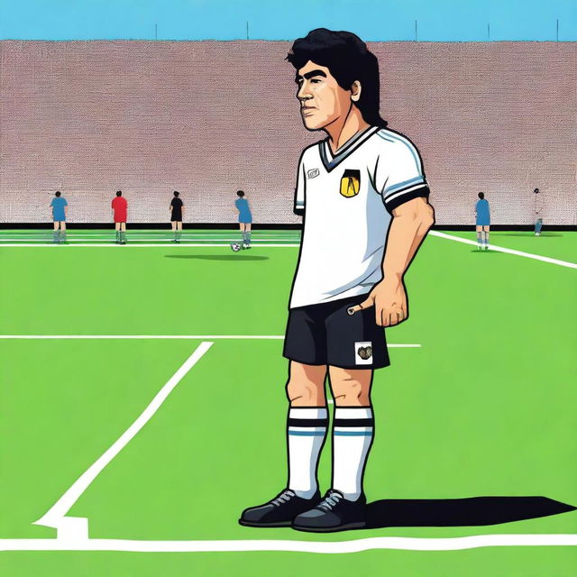 A depiction of Diego Maradona standing next to a white line on a soccer field