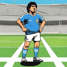 A depiction of Diego Maradona standing next to a white line on a soccer field