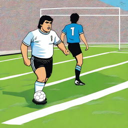 A depiction of Diego Maradona standing next to a white line on a soccer field