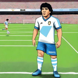 A depiction of Diego Maradona standing next to a white line on a soccer field