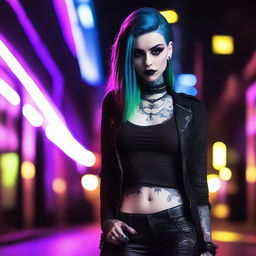 A stylish goth girl with dark makeup, black clothing, and a confident pose