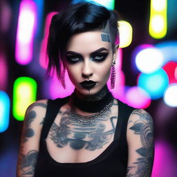 A stylish goth girl with dark makeup, black clothing, and a confident pose