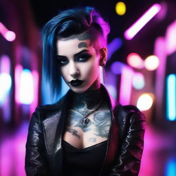 A stylish goth girl with dark makeup, black clothing, and a confident pose