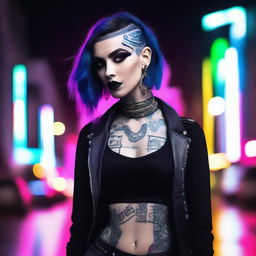 A stylish goth girl with dark makeup, black clothing, and a confident pose