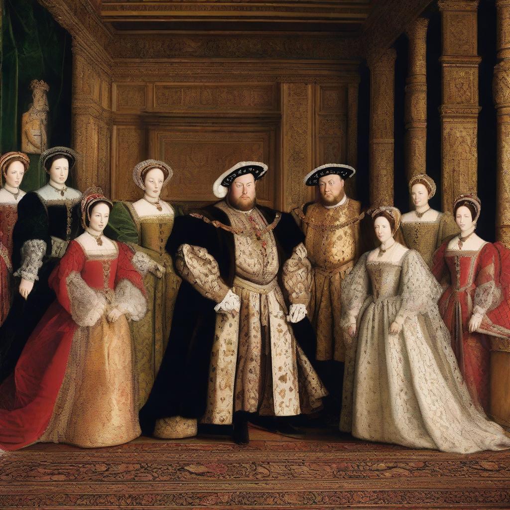 A historical portrait of King Henry VIII surrounded by his six wives