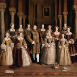 A historical portrait of King Henry VIII surrounded by his six wives