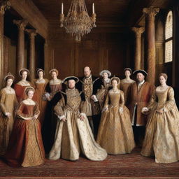 A historical portrait of King Henry VIII surrounded by his six wives