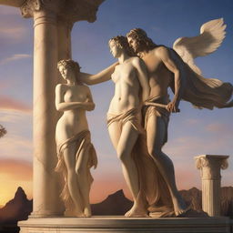 A romantic and dramatic scene featuring Aphrodite and Ares from Greek mythology