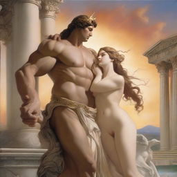 A romantic and dramatic scene featuring Aphrodite and Ares from Greek mythology