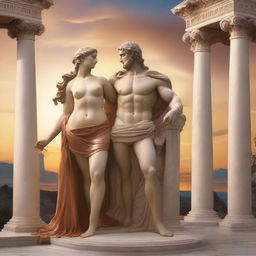 A romantic and dramatic scene featuring Aphrodite and Ares from Greek mythology