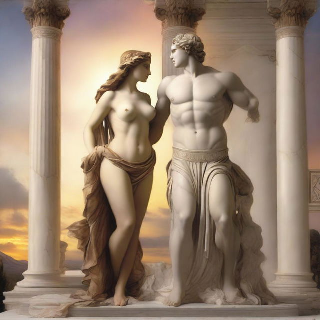 A romantic and dramatic scene featuring Aphrodite and Ares from Greek mythology