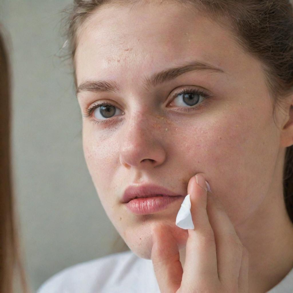 A mirror reflection of a teenage girl, concentrating on popping a pimple on her face, using plain, sterile tissue.