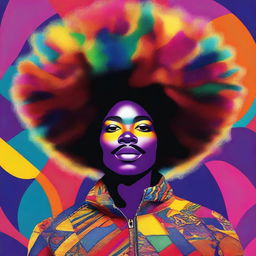 A vibrant and stylish portrait of a person with a large, beautifully shaped afro hairstyle