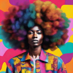 A vibrant and stylish portrait of a person with a large, beautifully shaped afro hairstyle