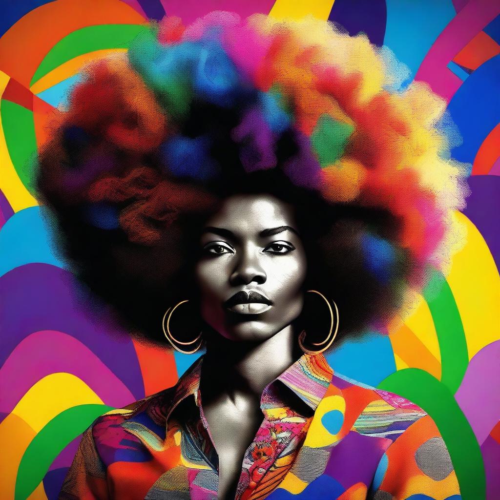 A vibrant and stylish portrait of a person with a large, beautifully shaped afro hairstyle